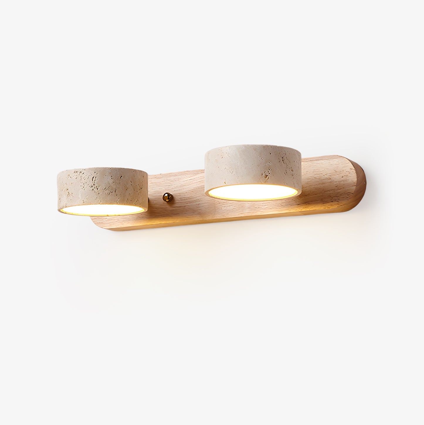 Travertine wall light shown with two natural stone shades lit