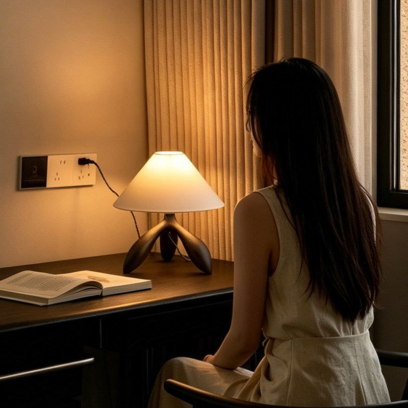 On a desk beside a curtained window, this dark wood Clérachic lamp lights the surface where someone sits reading.