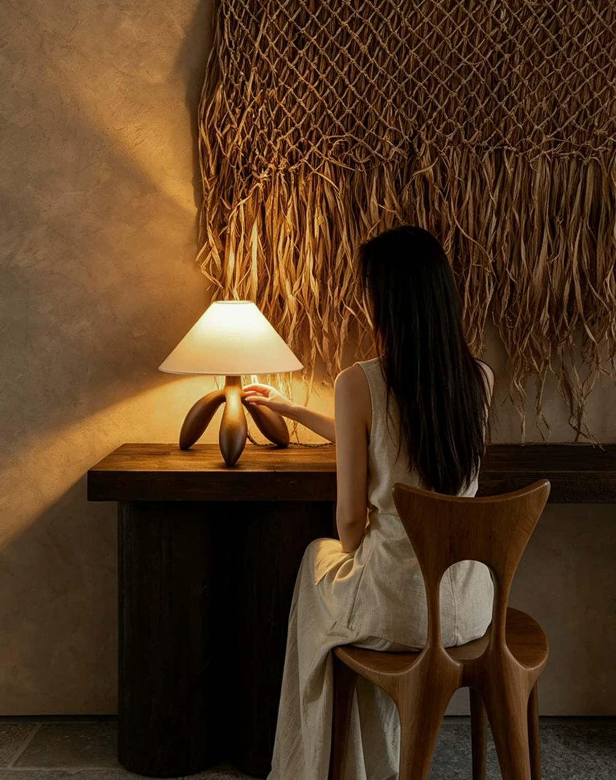 Beside a woven wall hanging, this dark wood Clérachic lamp glows on a wood table near a seated figure.