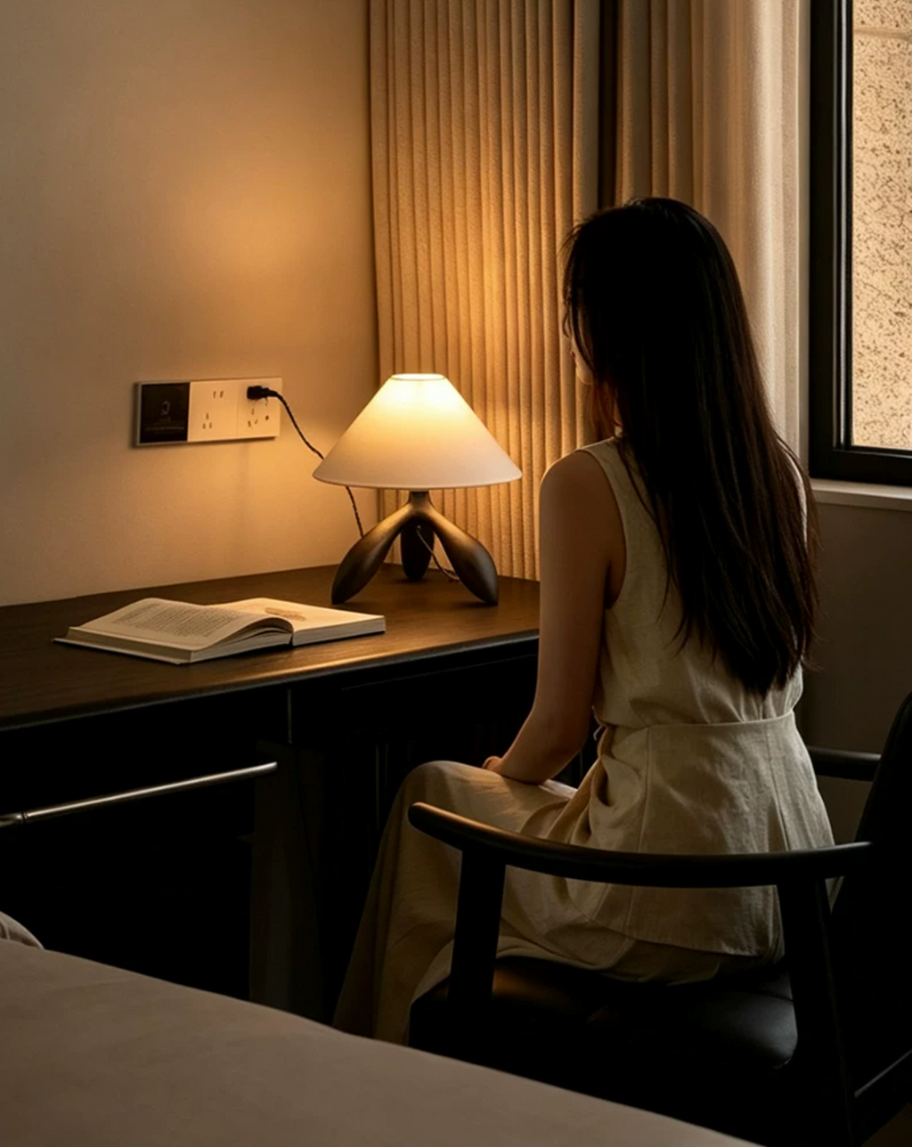 Beside a wall switch and an open book, this dark wood Clérachic lamp lights a desk where someone sits nearby.