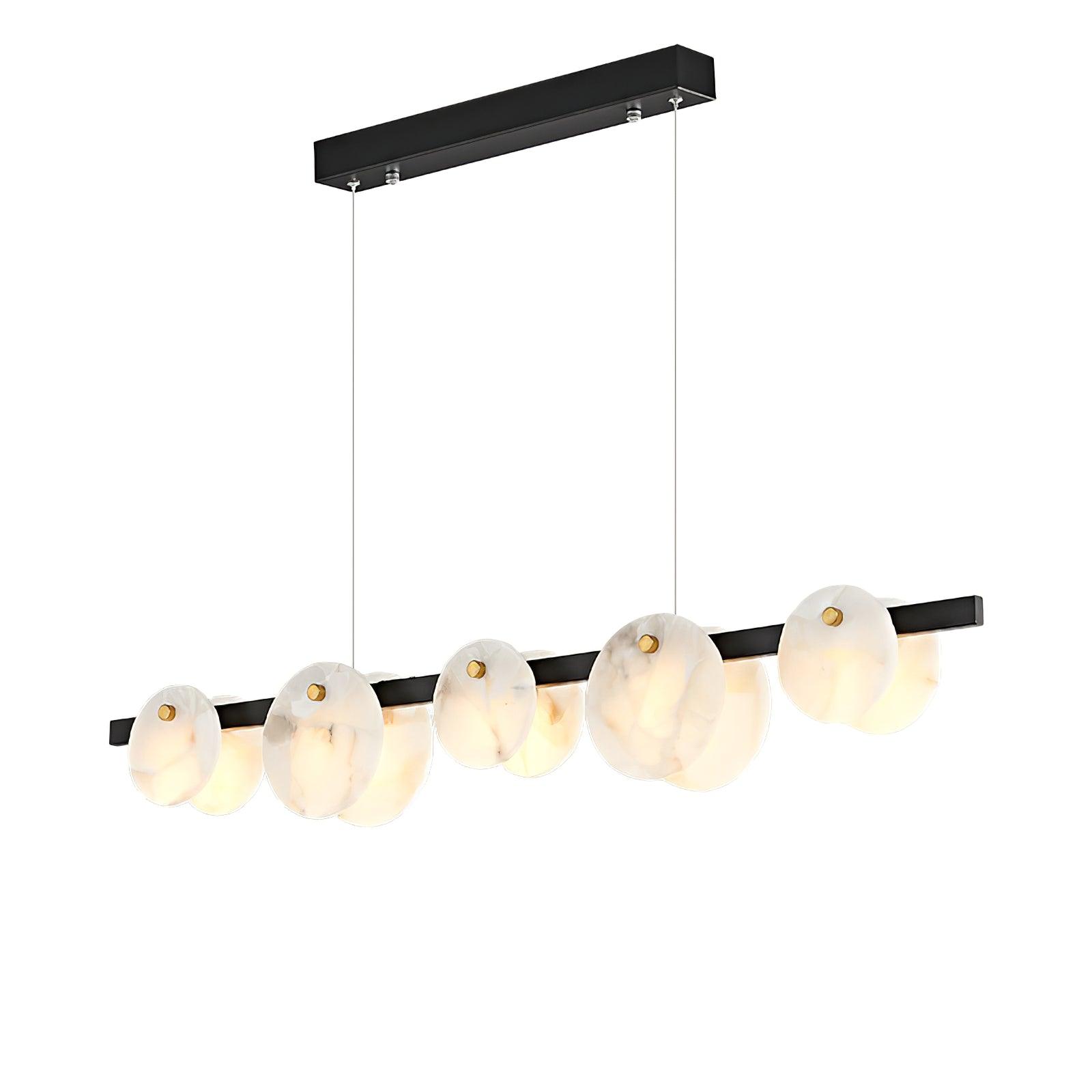 Angled view of the black-framed version, its alabaster discs turned to show their rounded profile.