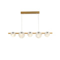 The chandelier in brass, five alabaster discs threaded along a slim horizontal bar, unlit on white.