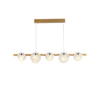The chandelier in brass, five alabaster discs threaded along a slim horizontal bar, unlit on white.