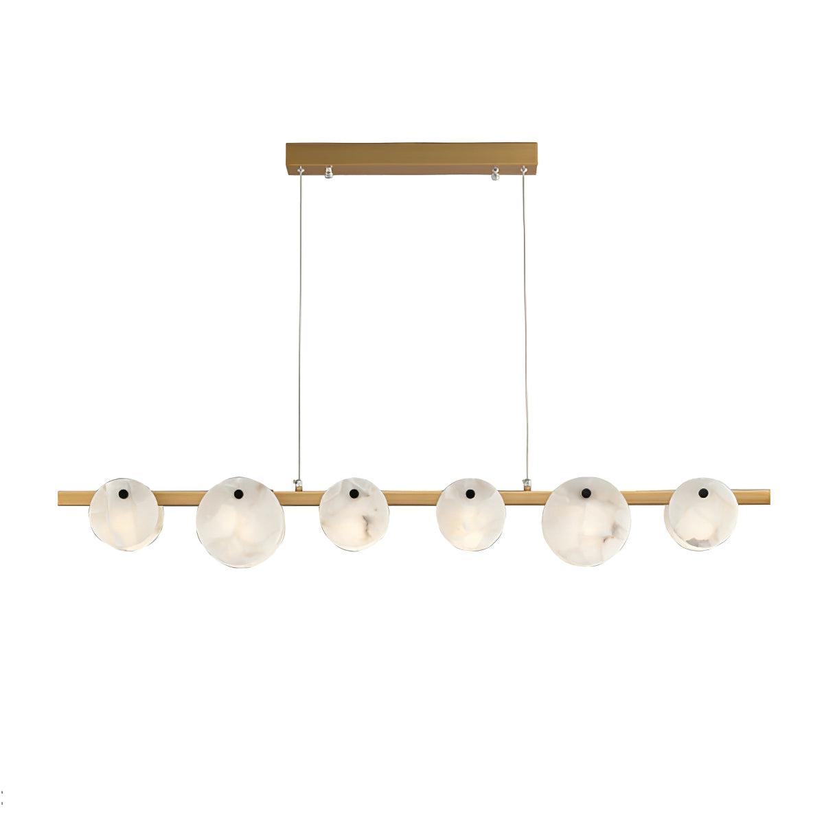 The six-light brass version on white, discs spaced evenly along the full length of the bar.