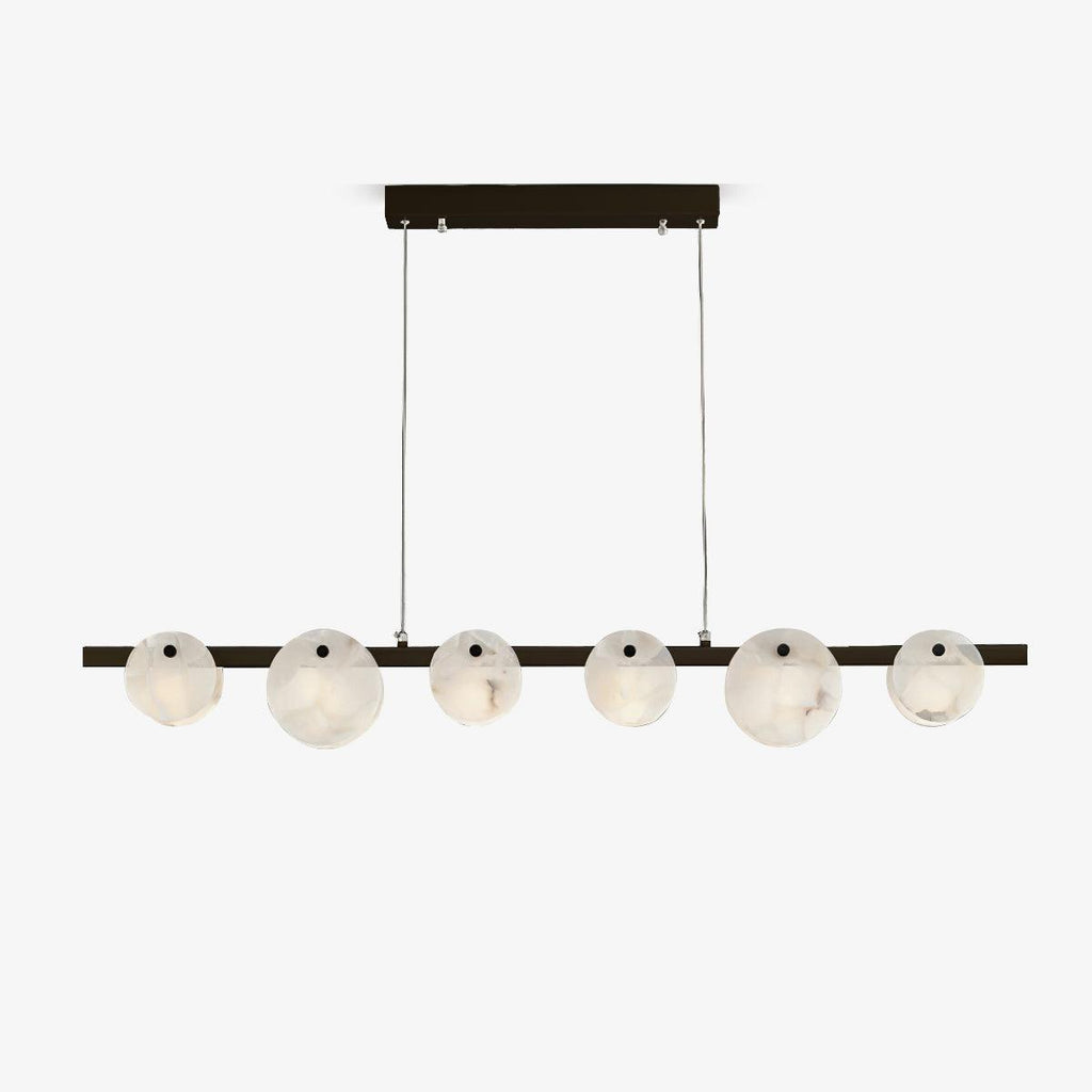 The black-framed chandelier on pale grey, showing the drop cables and rectangular ceiling plate.