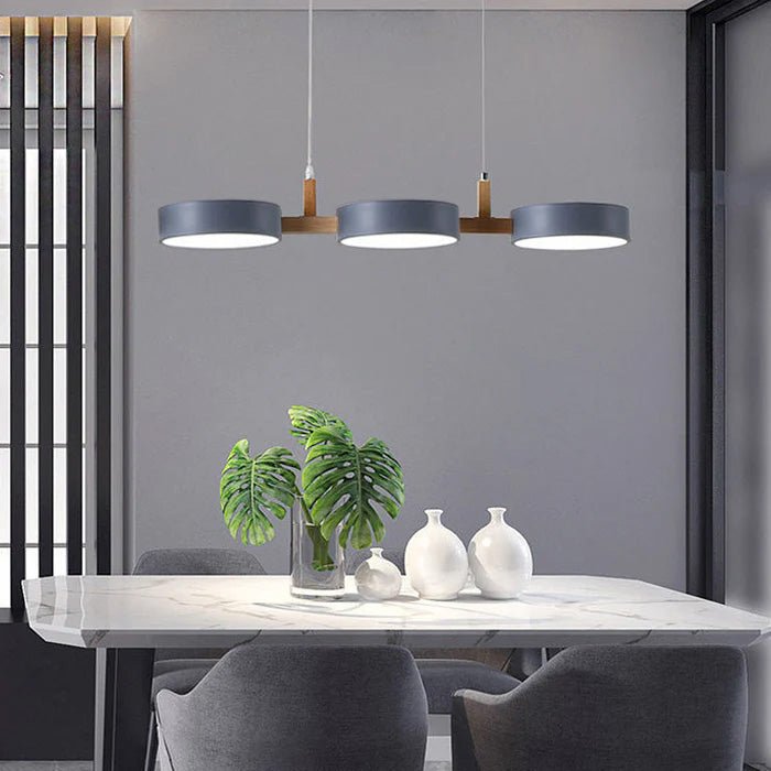 Wooden Frame Triple Ring Pendant Light With Circular Shades