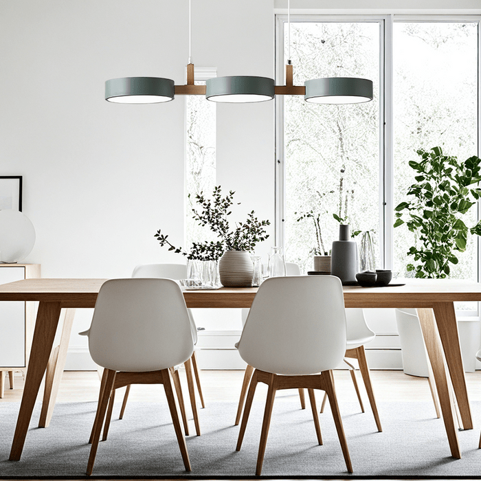 Wooden Frame Triple Ring Pendant Light With Circular Shades