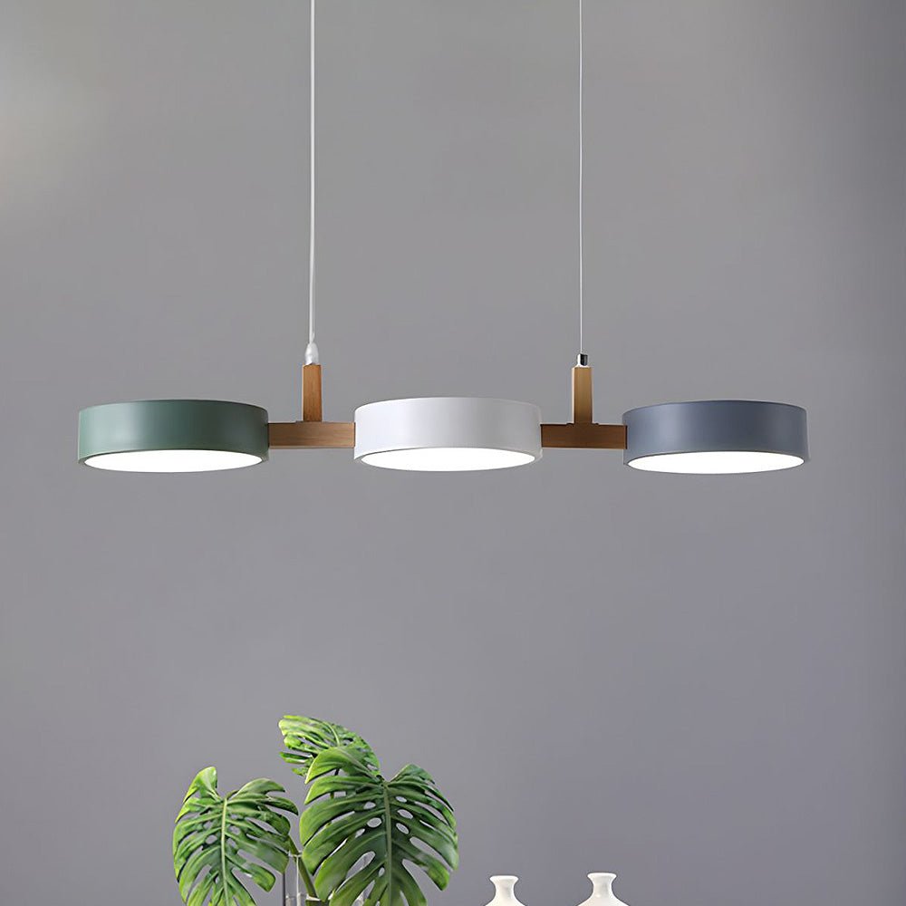 Wooden Frame Triple Ring Pendant Light With Circular Shades