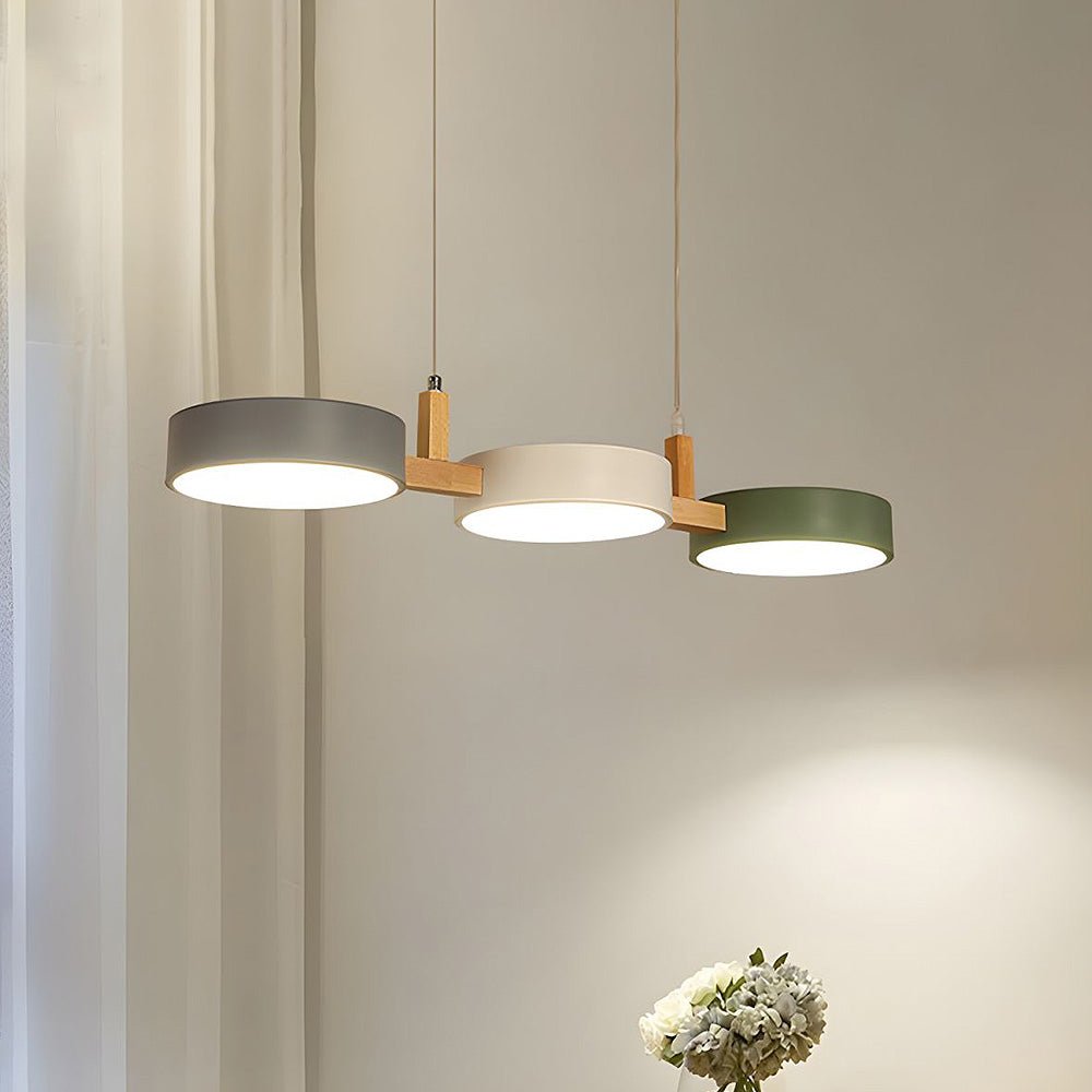 Wooden Frame Triple Ring Pendant Light With Circular Shades