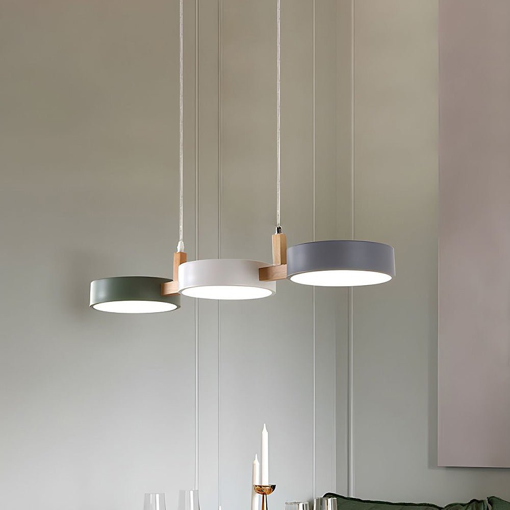 Wooden Frame Triple Ring Pendant Light With Circular Shades