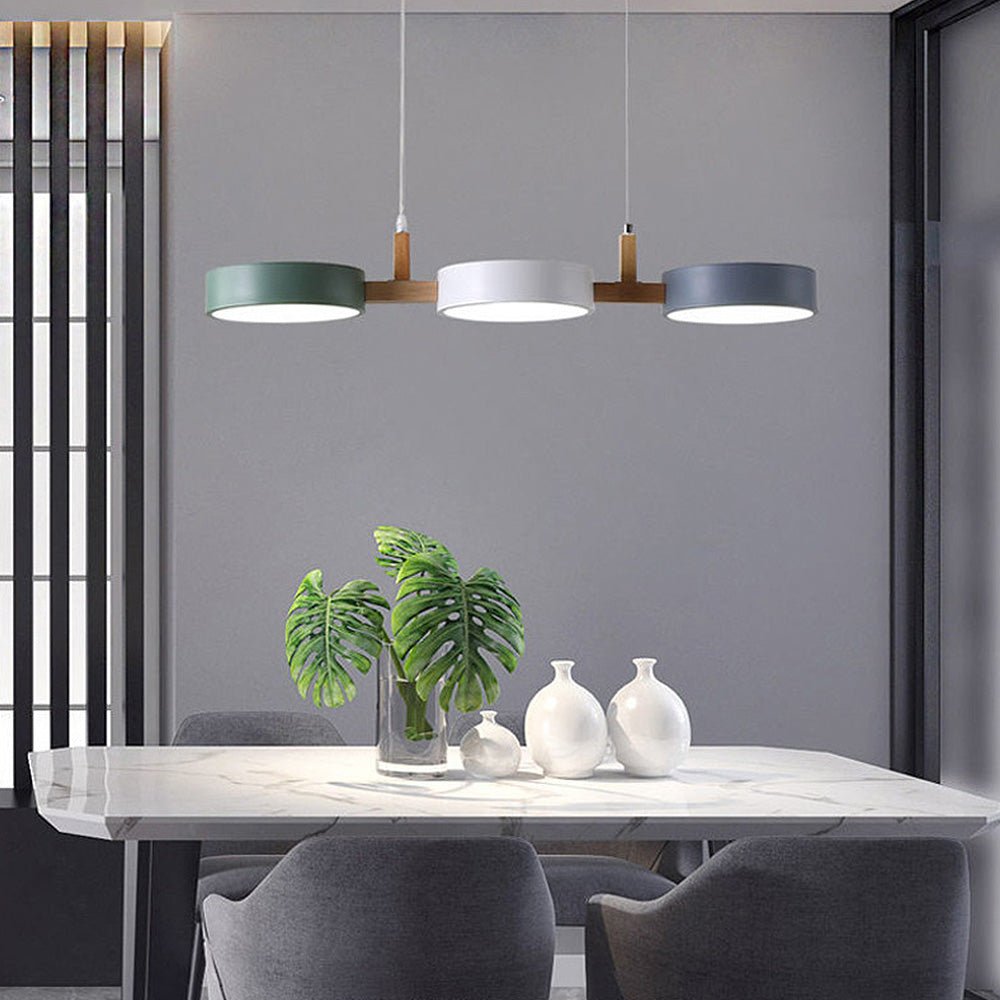 Wooden Frame Triple Ring Pendant Light With Circular Shades