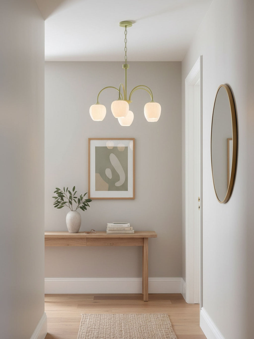 Tulip Chandelier, White Glass Tulip Shades, Matcha Green Frame, E26