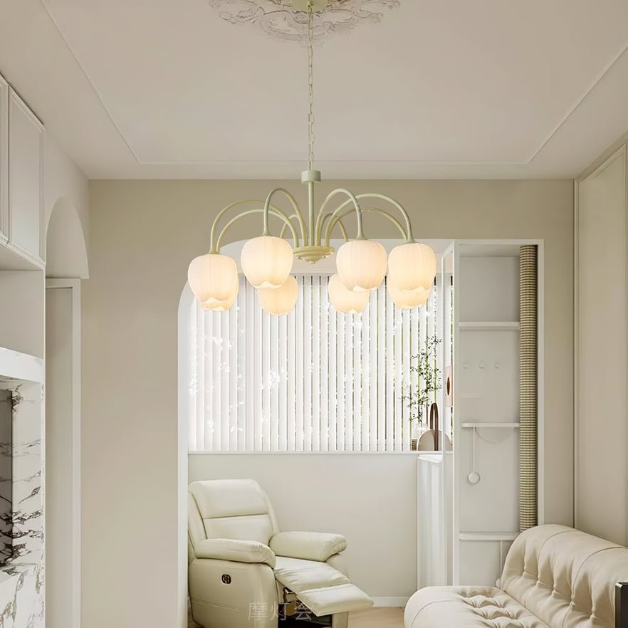 Tulip Chandelier, White Glass Tulip Shades, Matcha Green Frame, E26