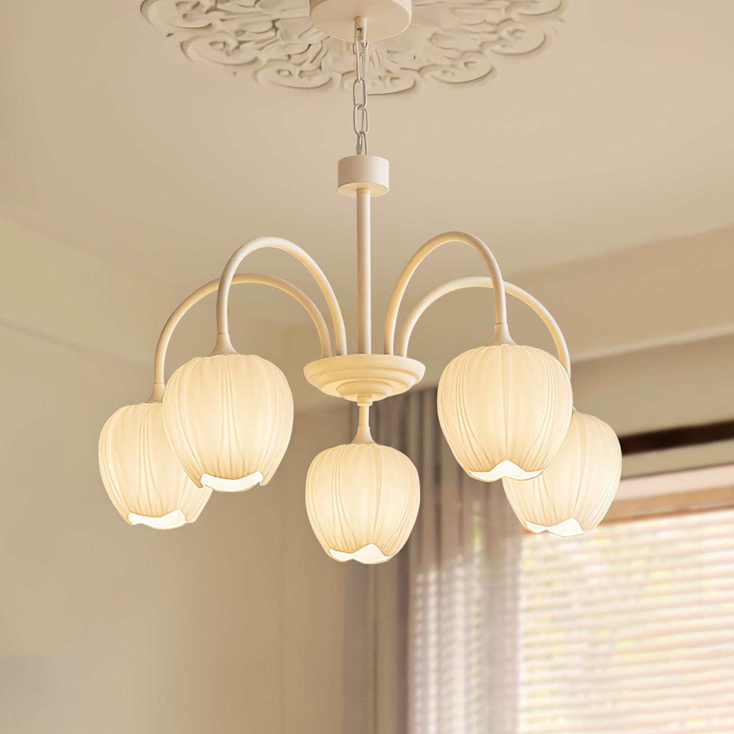 Tulip Chandelier, White Glass Tulip Shades, Matcha Green Frame, E26