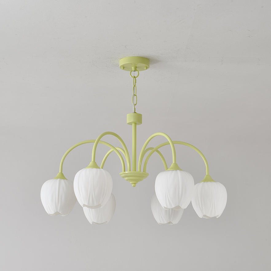 Tulip Chandelier, White Glass Tulip Shades, Matcha Green Frame, E26