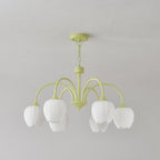 Tulip Chandelier, White Glass Tulip Shades, Matcha Green Frame, E26