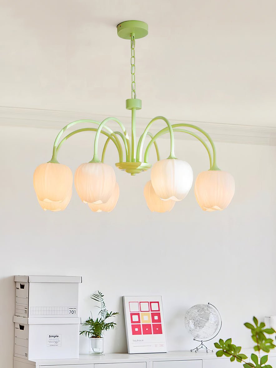 Matcha green tulip chandelier with soft white glow