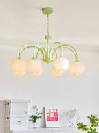 Matcha green tulip chandelier with soft white glow