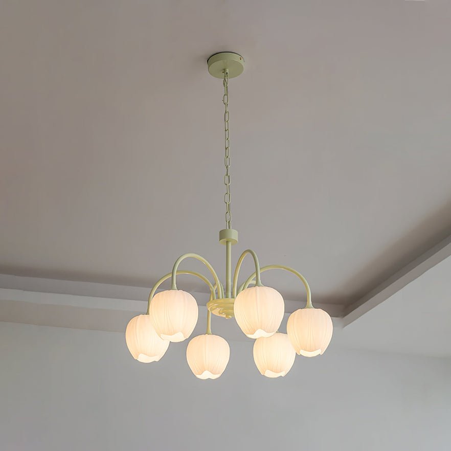 Tulip Chandelier, White Glass Tulip Shades, Matcha Green Frame, E26