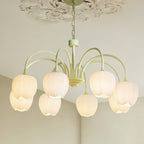 Tulip Chandelier, White Glass Tulip Shades, Matcha Green Frame, E26