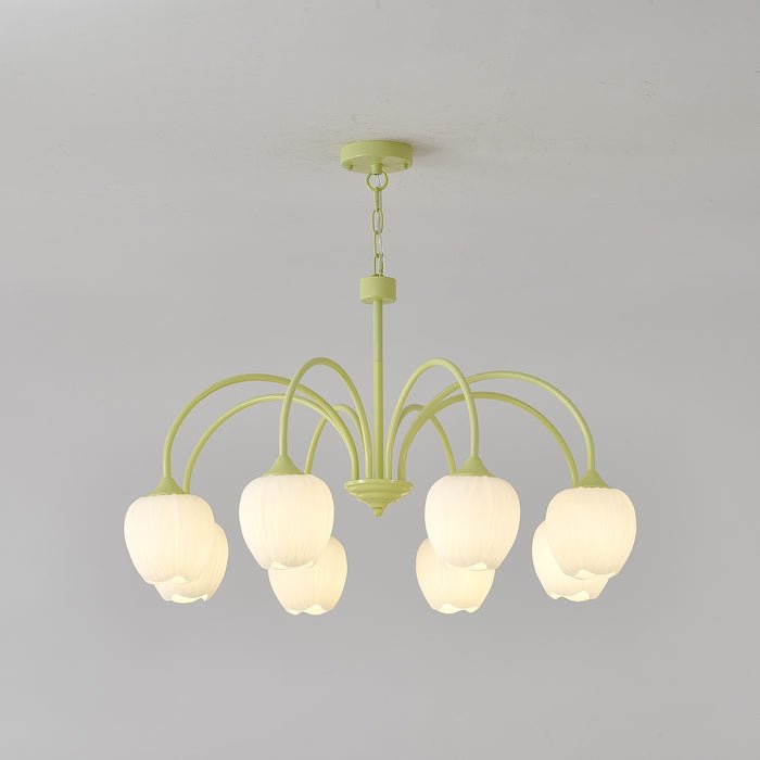 Tulip Chandelier, White Glass Tulip Shades, Matcha Green Frame, E26