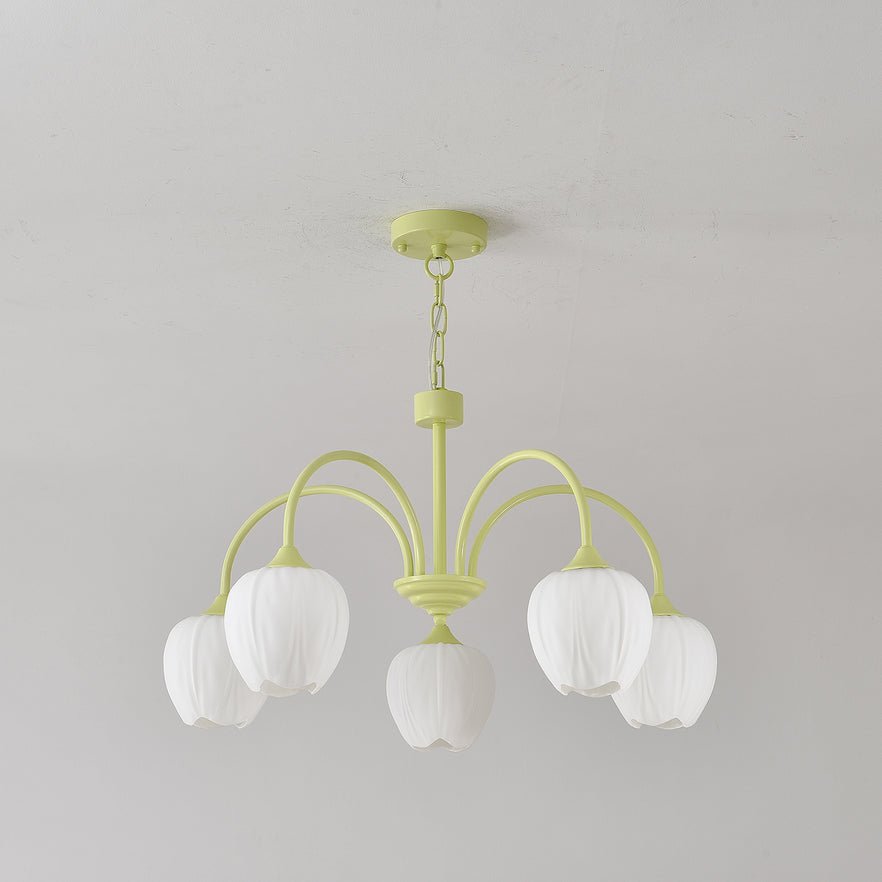 Tulip Chandelier, White Glass Tulip Shades, Matcha Green Frame, E26