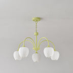Tulip Chandelier, White Glass Tulip Shades, Matcha Green Frame, E26