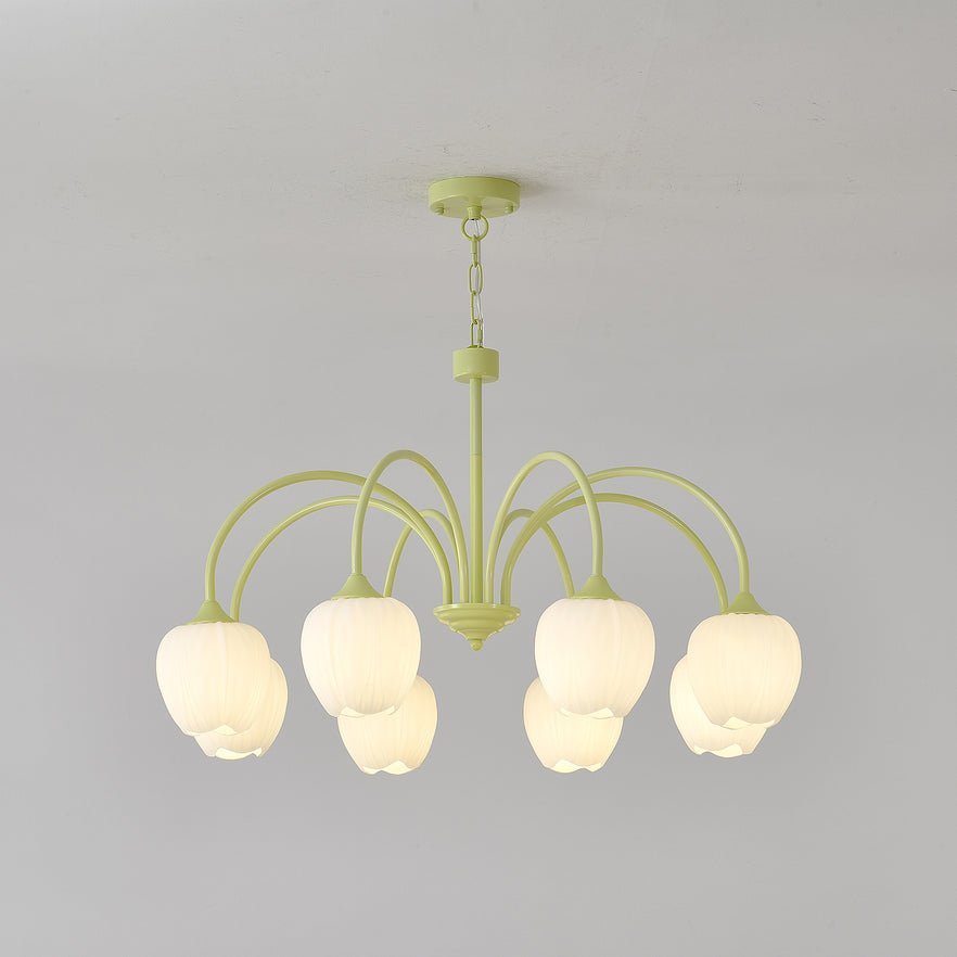 Tulip Chandelier, White Glass Tulip Shades, Matcha Green Frame, E26