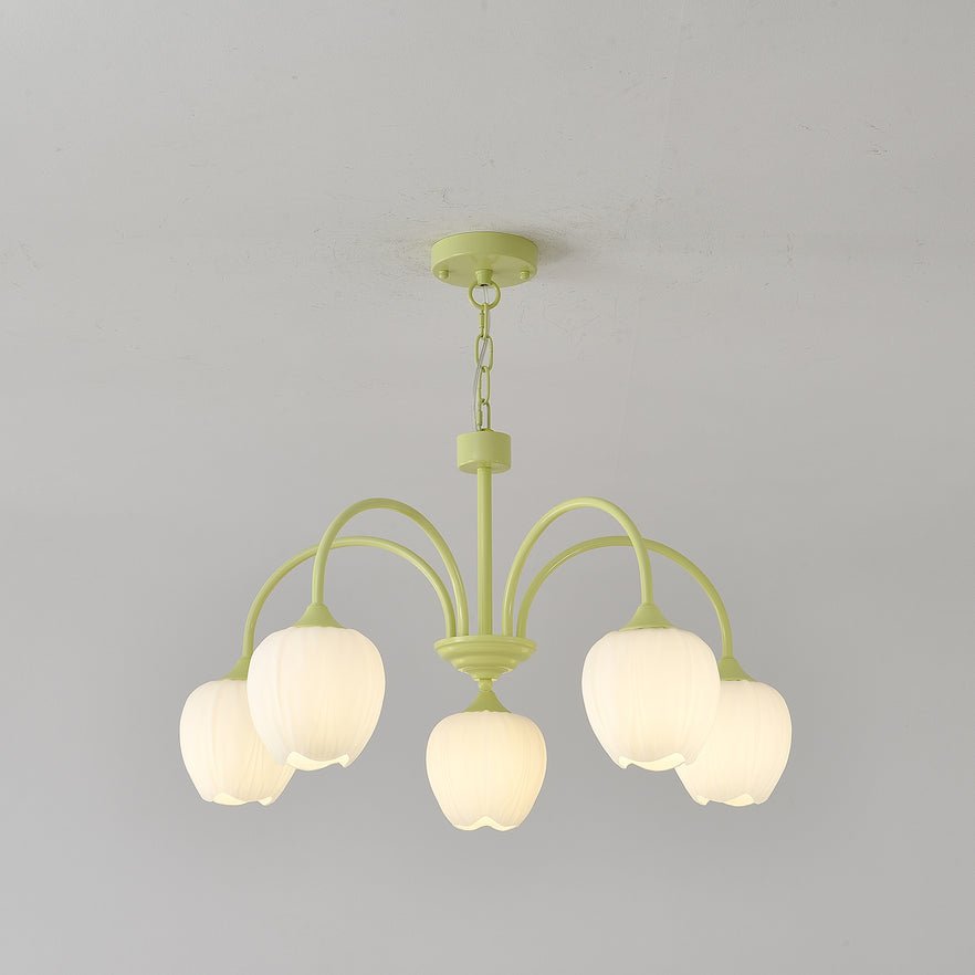 Tulip Chandelier, White Glass Tulip Shades, Matcha Green Frame, E26