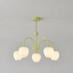 Tulip Chandelier, White Glass Tulip Shades, Matcha Green Frame, E26