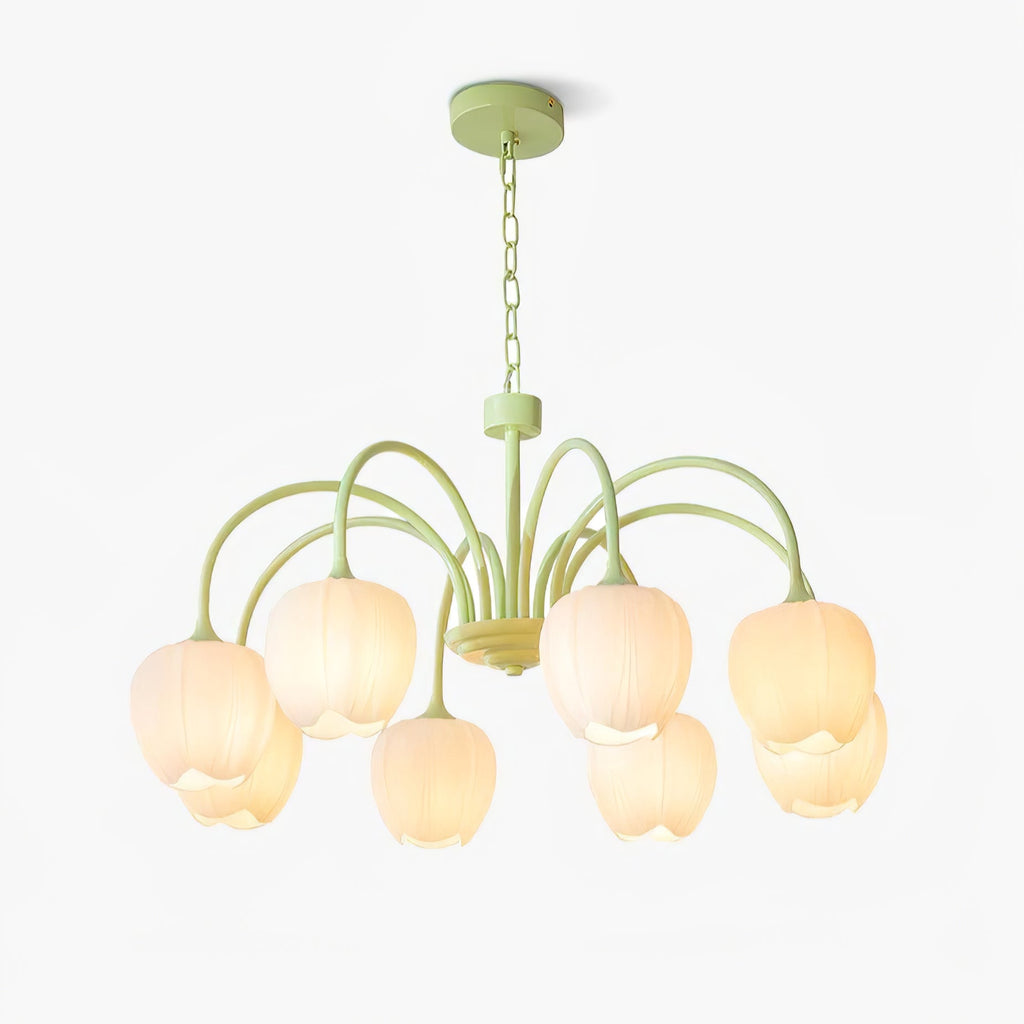 Tulip Chandelier, White Glass Tulip Shades, Matcha Green Frame, E26