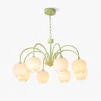 Tulip Chandelier, White Glass Tulip Shades, Matcha Green Frame, E26