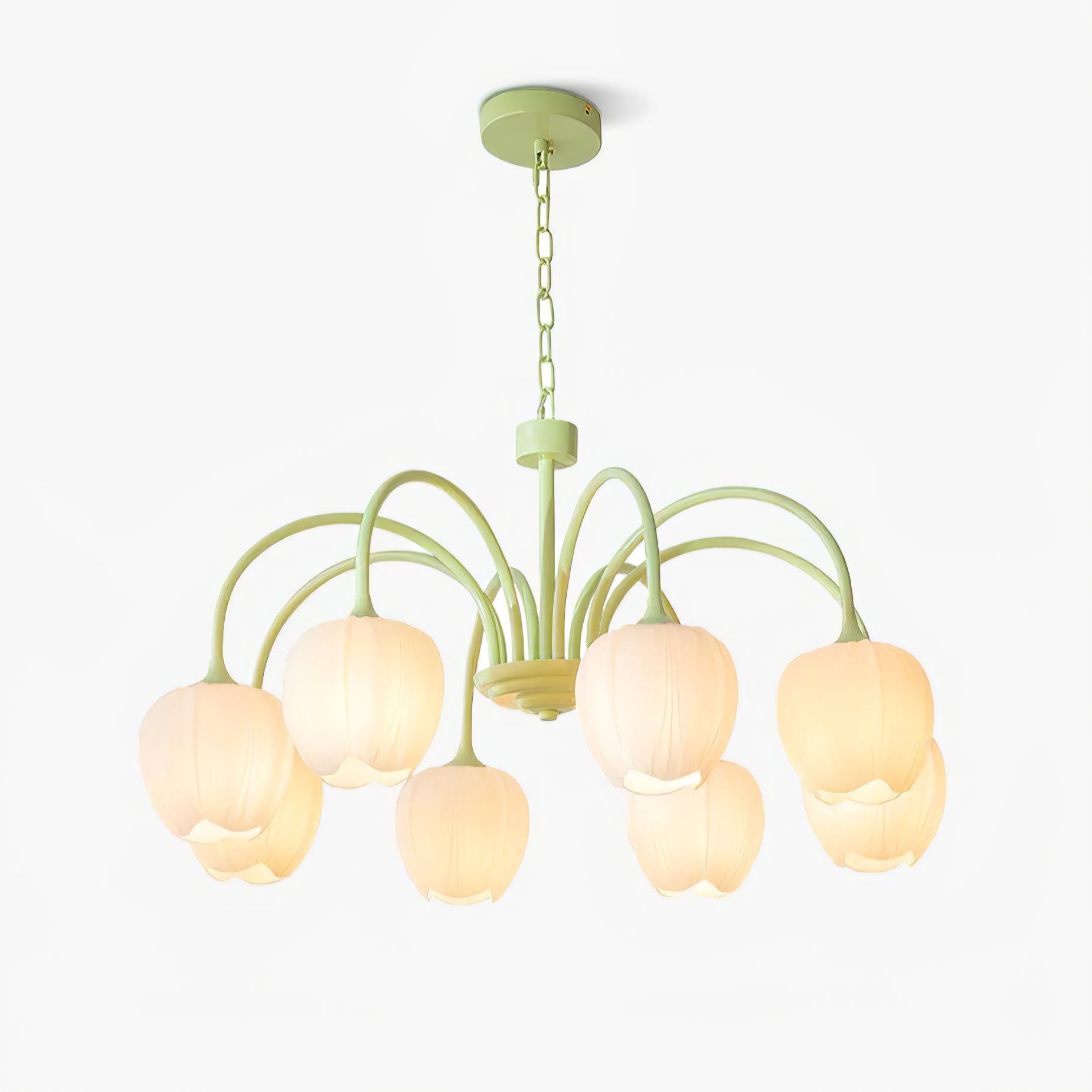 Tulip Chandelier, White Glass Tulip Shades, Matcha Green Frame, E26
