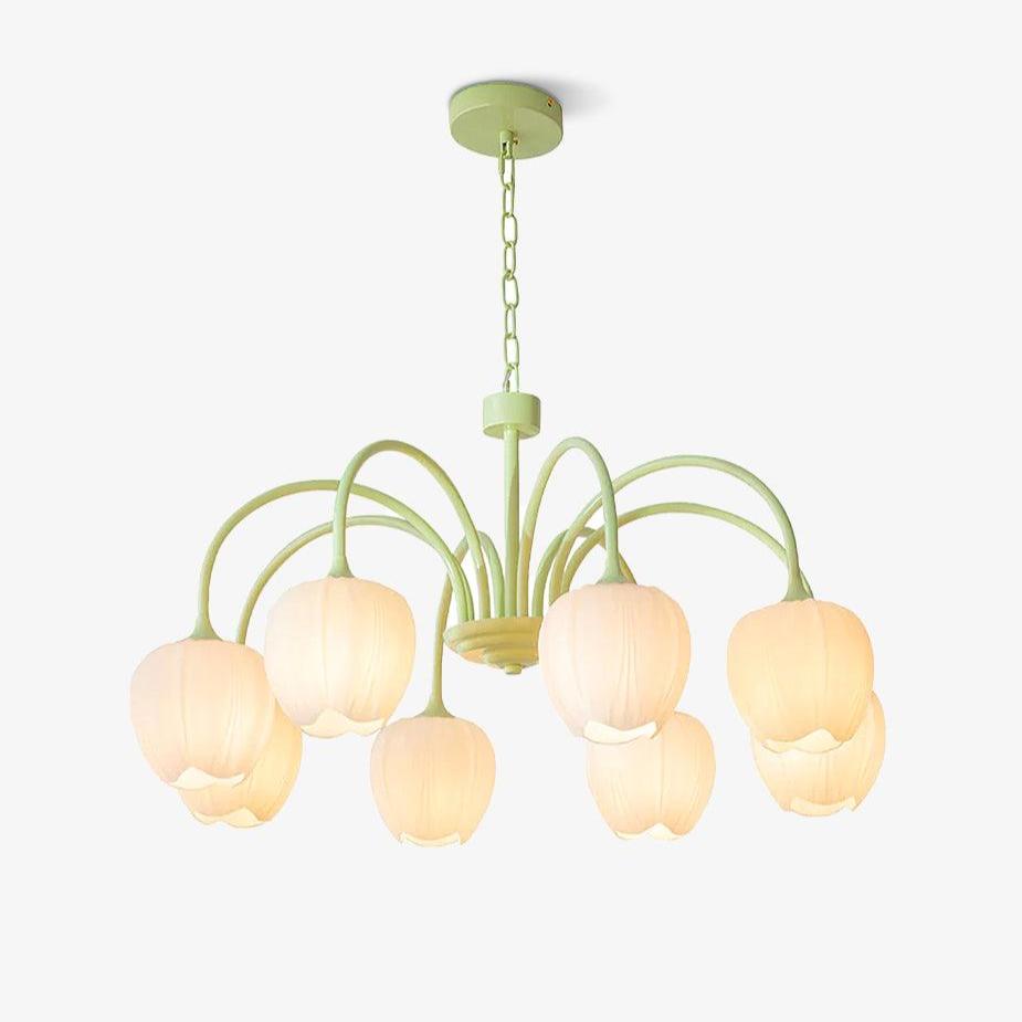 Tulip Chandelier, White Glass Tulip Shades, Matcha Green Frame, E26