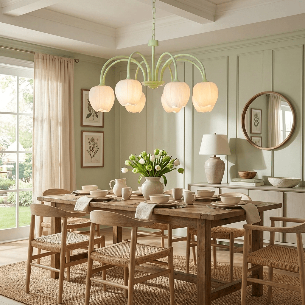 White glass tulip chandelier with matcha green arms