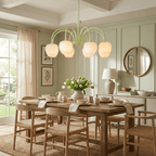 White glass tulip chandelier with matcha green arms