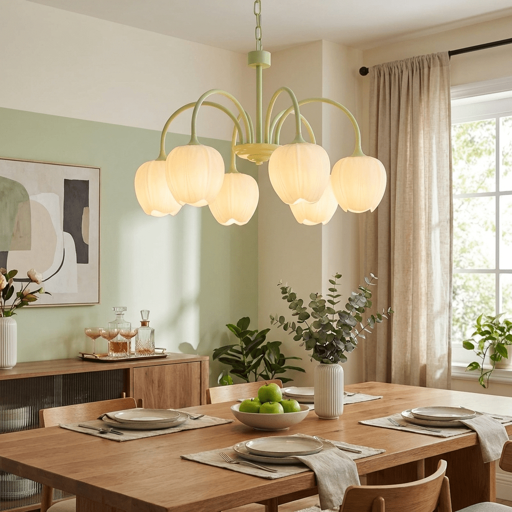 Tulip chandelier glowing in a fresh natural interior