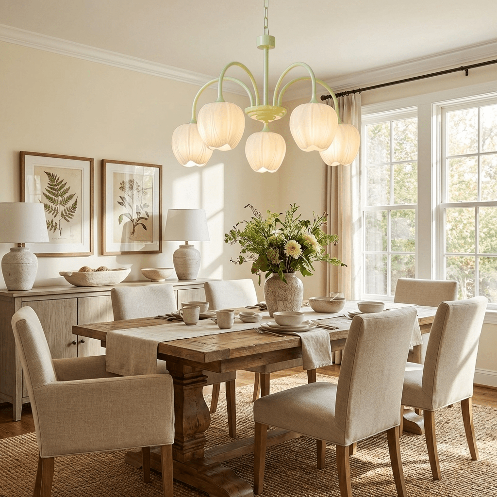 Tulip chandelier with white glass blooms and green frame