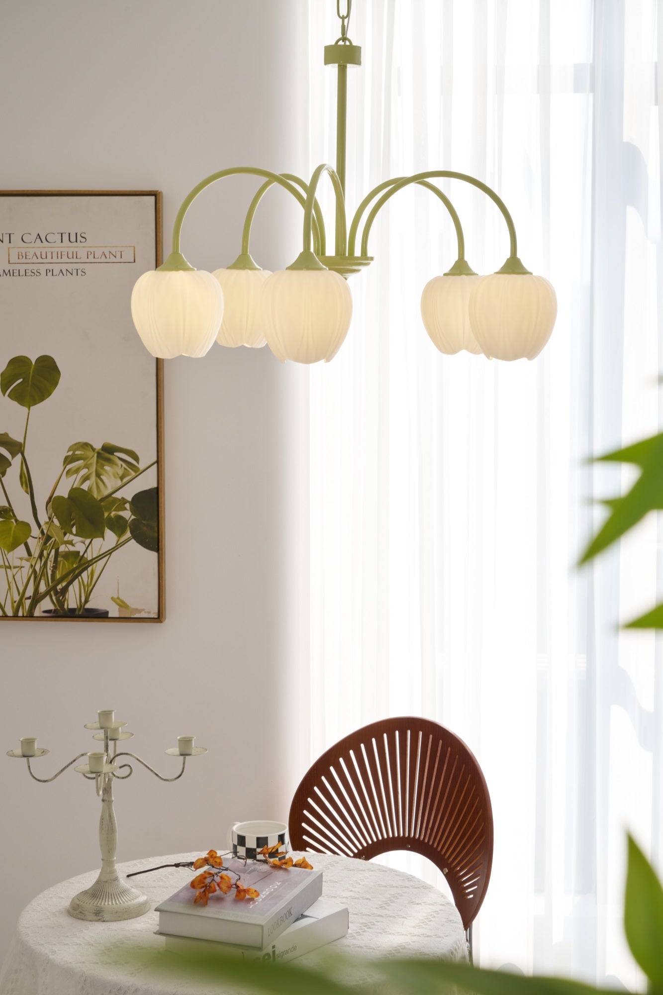 Tulip Chandelier, White Glass Tulip Shades, Matcha Green Frame, E26