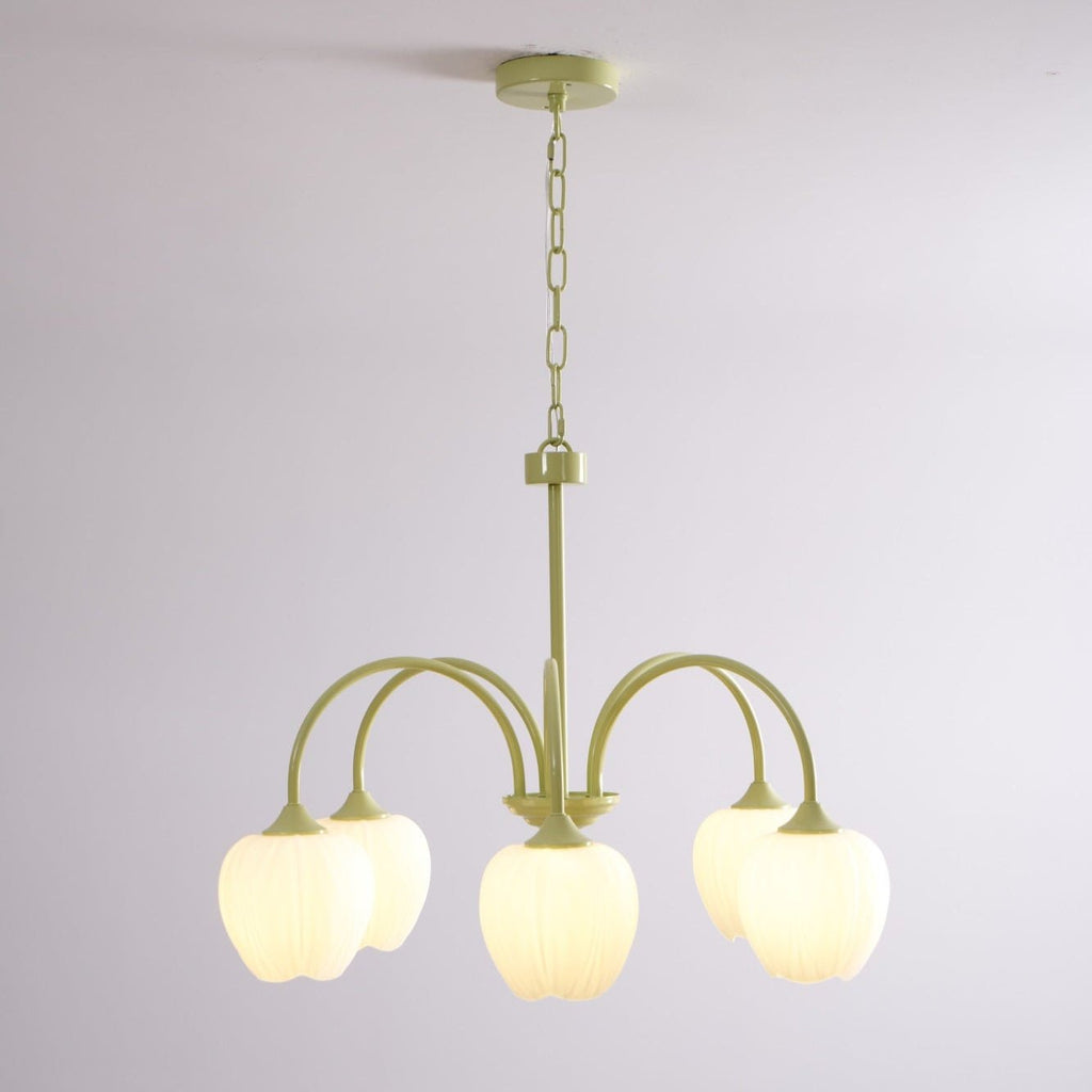 Tulip Chandelier, White Glass Tulip Shades, Matcha Green Frame, E26
