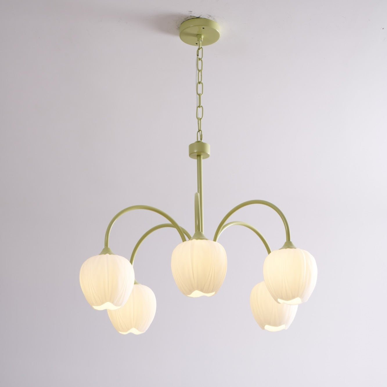 Tulip Chandelier, White Glass Tulip Shades, Matcha Green Frame, E26