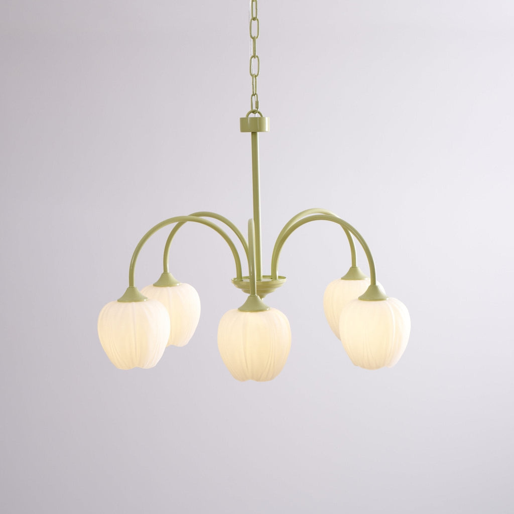 Tulip chandelier with white glass shades and green arms