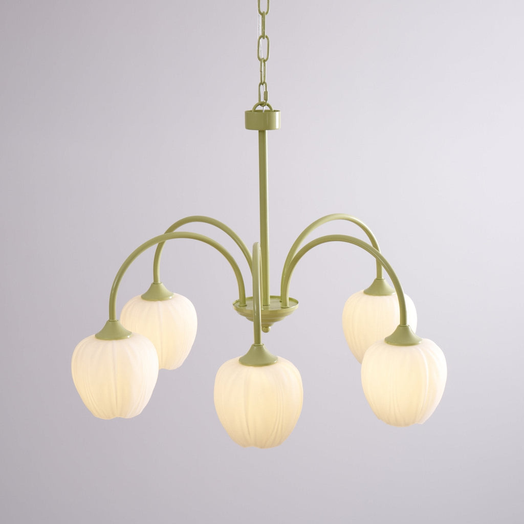 Tulip Chandelier, White Glass Tulip Shades, Matcha Green Frame, E26