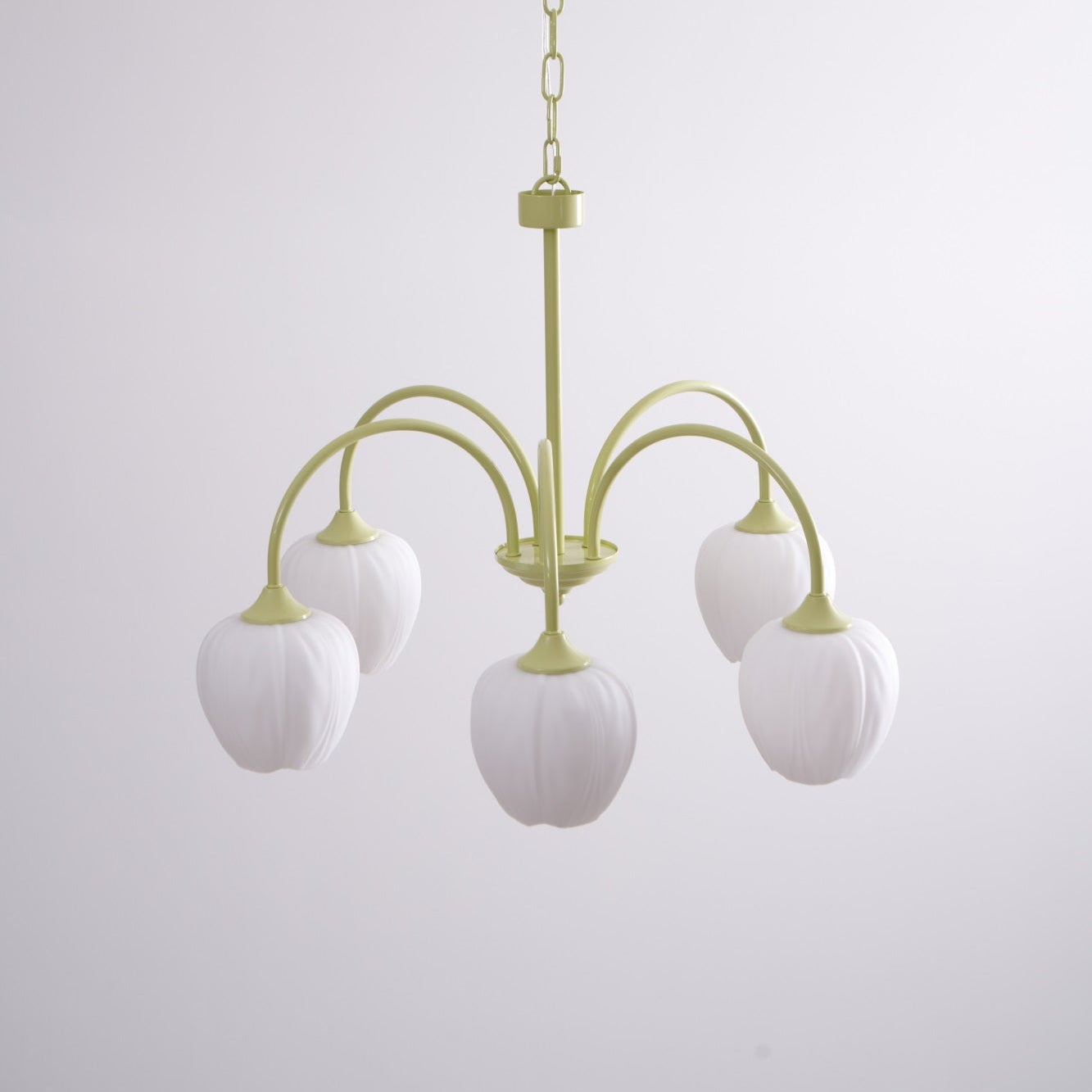 Tulip Chandelier, White Glass Tulip Shades, Matcha Green Frame, E26