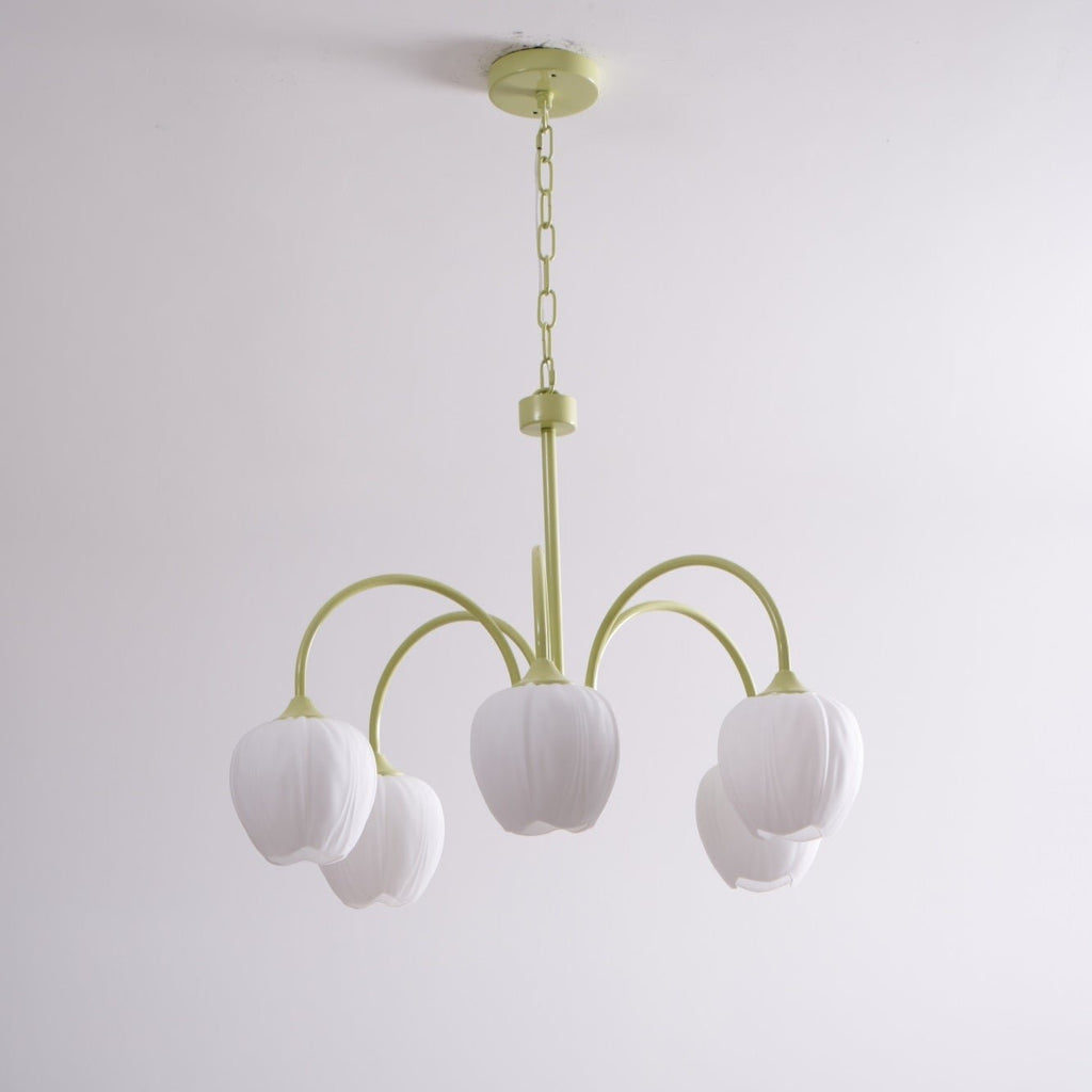 Tulip Chandelier, White Glass Tulip Shades, Matcha Green Frame, E26
