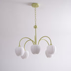 Tulip Chandelier, White Glass Tulip Shades, Matcha Green Frame, E26
