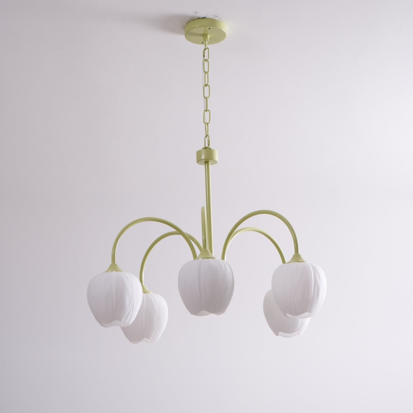 Tulip Chandelier, White Glass Tulip Shades, Matcha Green Frame, E26