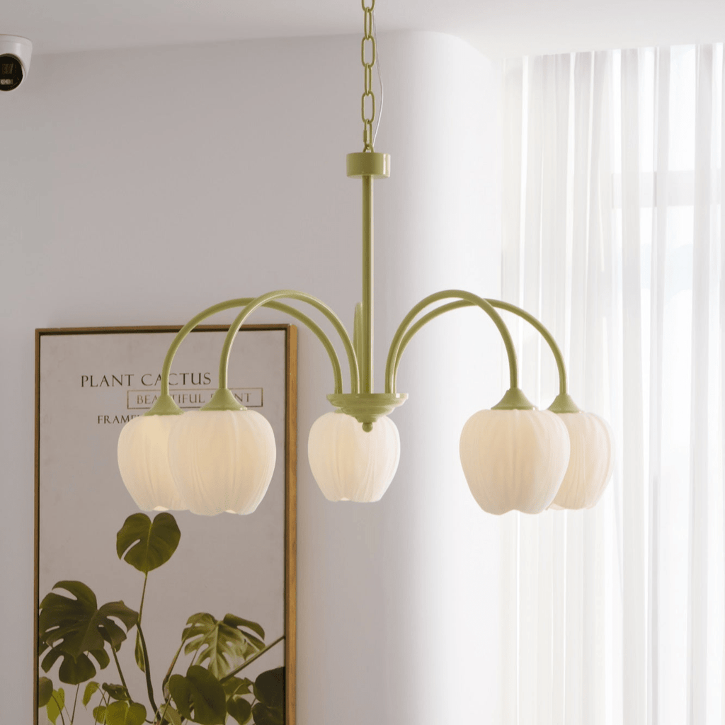 Tulip chandelier shown with white glass blooms close up
