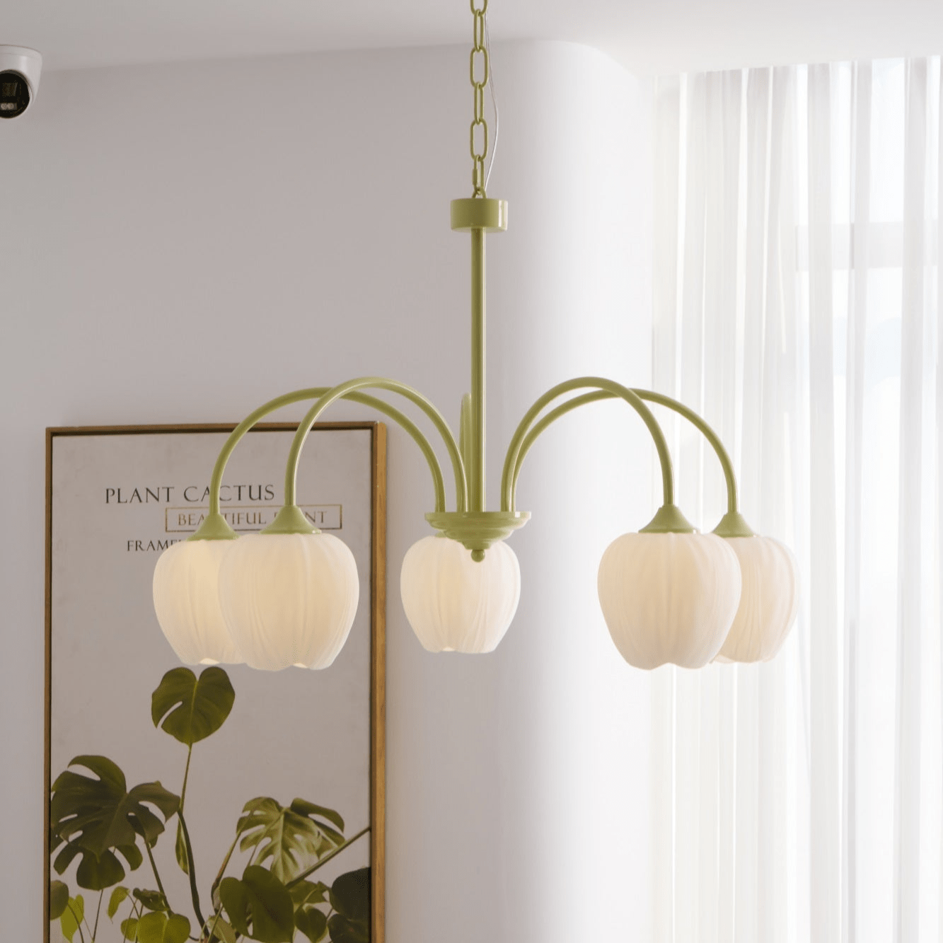 Tulip chandelier shown with white glass blooms close up