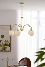 Tulip Chandelier, White Glass Tulip Shades, Matcha Green Frame, E26